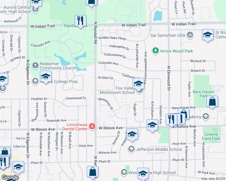 map of restaurants, bars, coffee shops, grocery stores, and more near 1351a Van Buren Court in Aurora