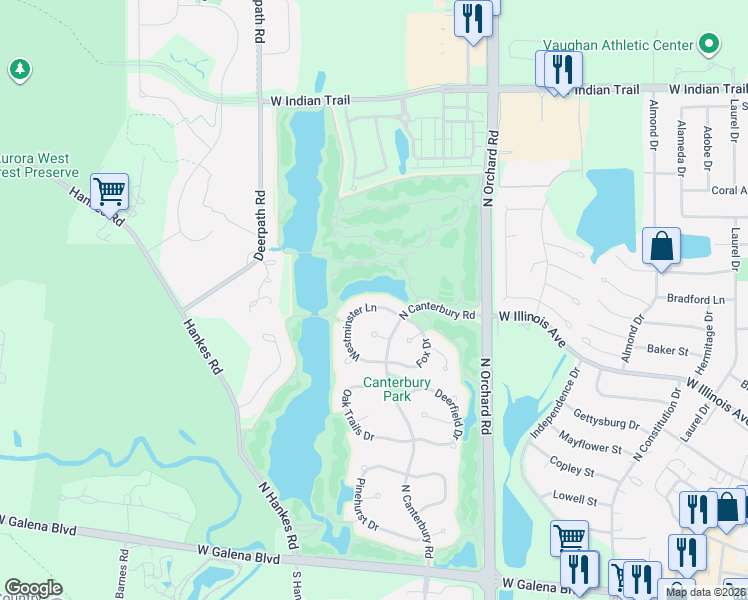 map of restaurants, bars, coffee shops, grocery stores, and more near 2593 Westminster Lane in Aurora