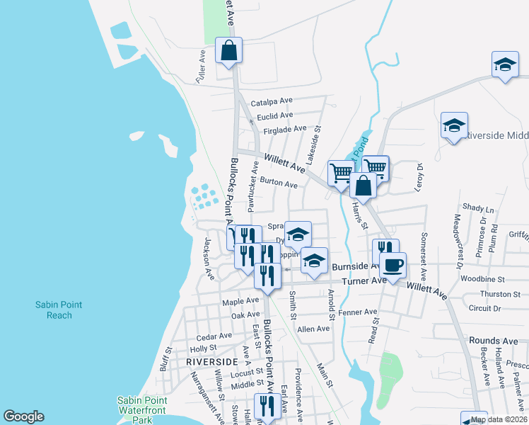 map of restaurants, bars, coffee shops, grocery stores, and more near 27 Sprague Avenue in East Providence