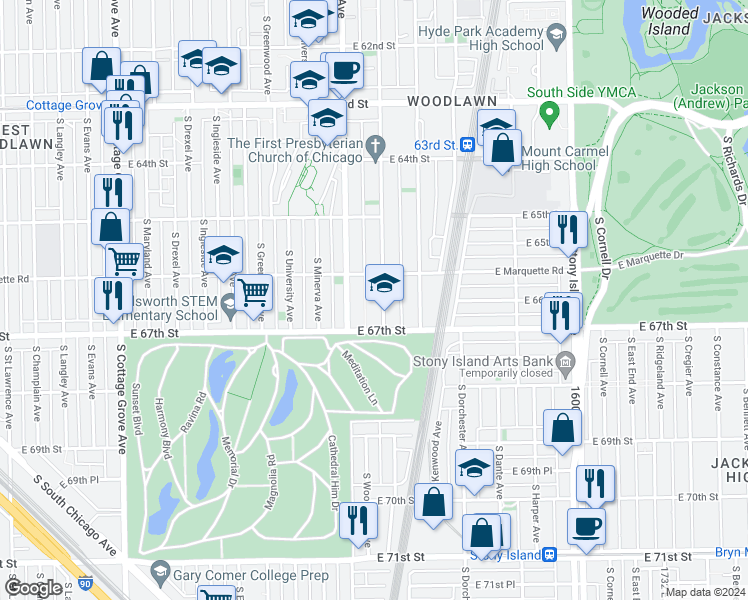map of restaurants, bars, coffee shops, grocery stores, and more near 6626 South Kimbark Avenue in Chicago