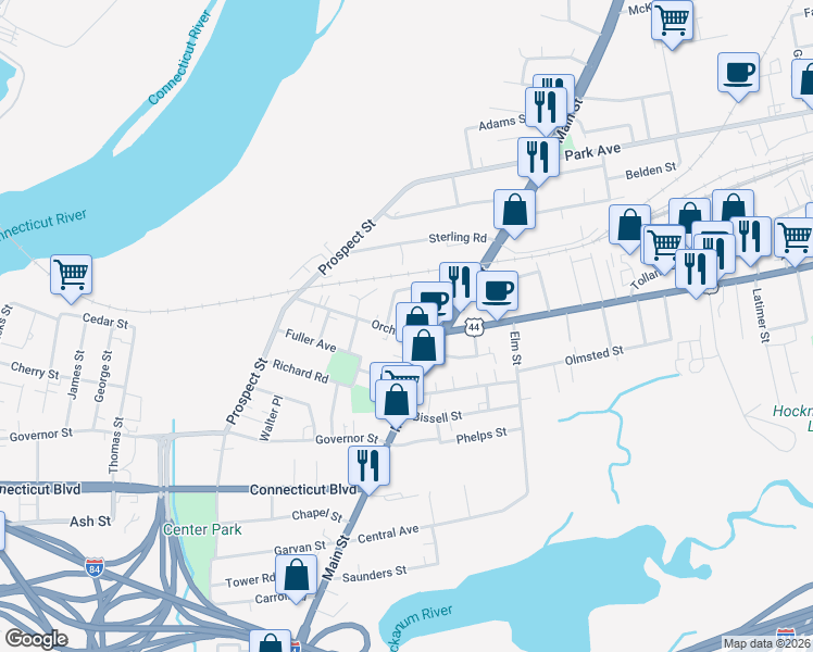 map of restaurants, bars, coffee shops, grocery stores, and more near 10 Roberts Court in East Hartford