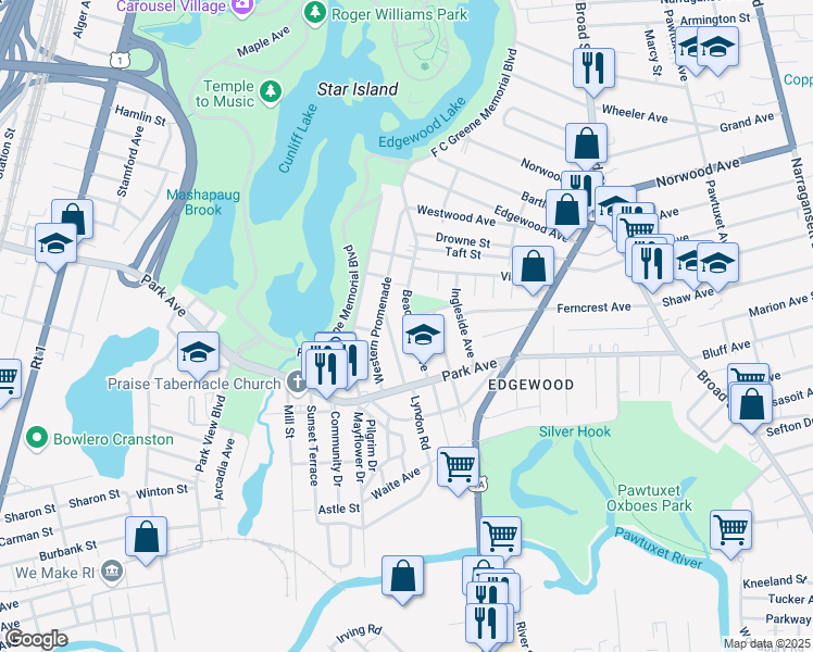 map of restaurants, bars, coffee shops, grocery stores, and more near 56 Beachmont Avenue in Cranston
