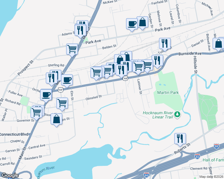 map of restaurants, bars, coffee shops, grocery stores, and more near 126 Olmsted Street in East Hartford