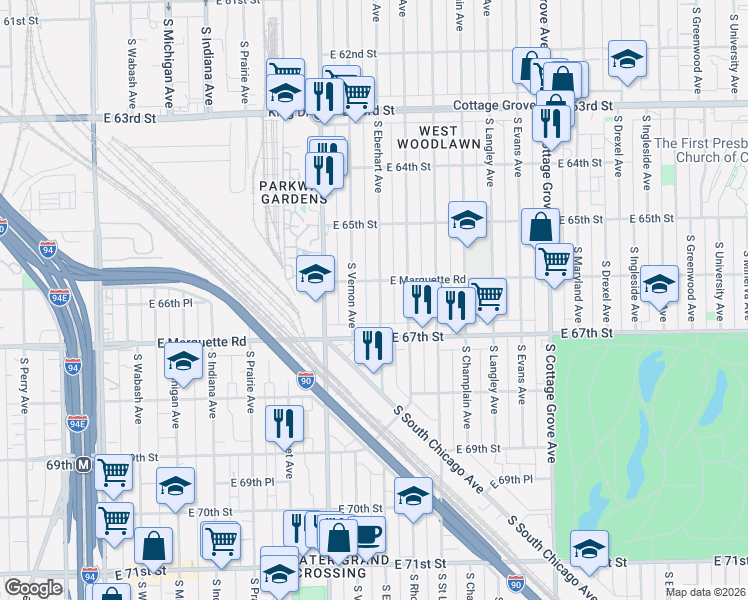 map of restaurants, bars, coffee shops, grocery stores, and more near 6644 South Marquette Road in Chicago
