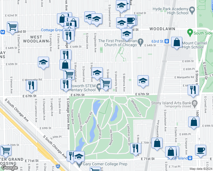 map of restaurants, bars, coffee shops, grocery stores, and more near 6624 South Greenwood Avenue in Chicago