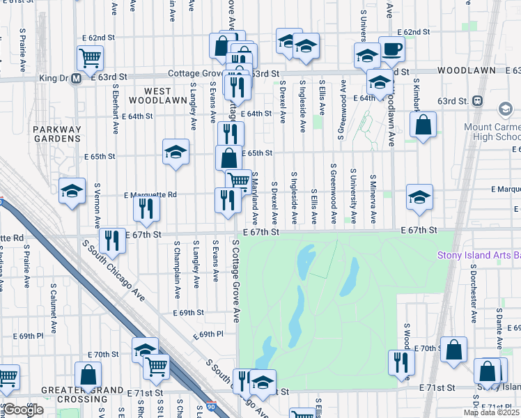 map of restaurants, bars, coffee shops, grocery stores, and more near 6623 South Maryland Avenue in Chicago