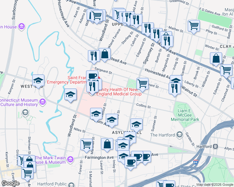 map of restaurants, bars, coffee shops, grocery stores, and more near 166 Ashley Street in Hartford