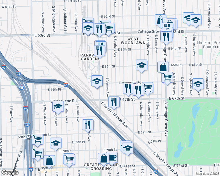 map of restaurants, bars, coffee shops, grocery stores, and more near 456 East 66th Street in Chicago