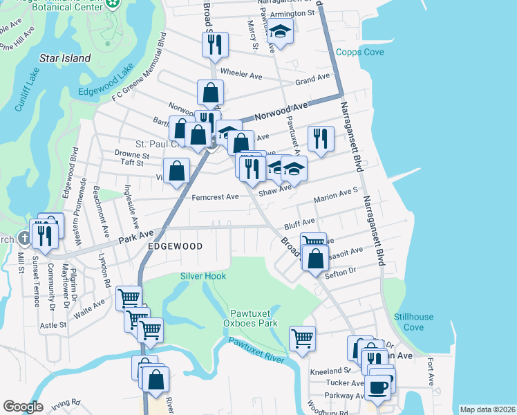 map of restaurants, bars, coffee shops, grocery stores, and more near Broad Street in Providence