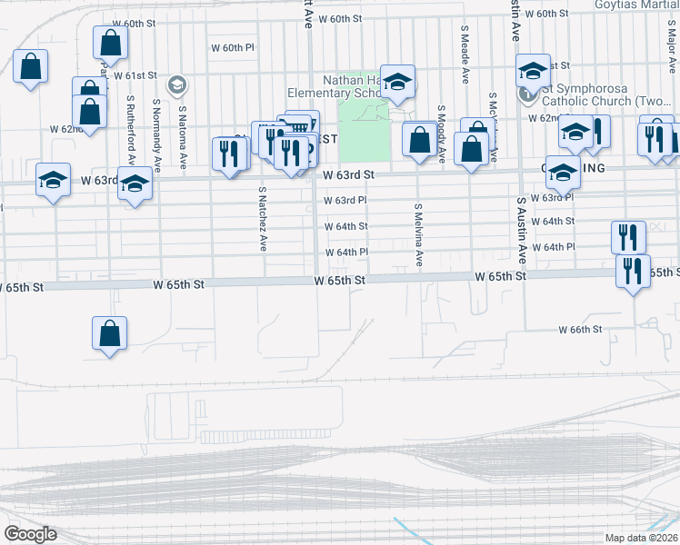 map of restaurants, bars, coffee shops, grocery stores, and more near 6330 West 64th Place in Chicago