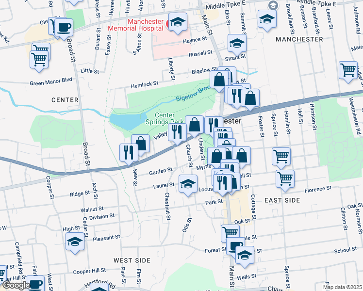 map of restaurants, bars, coffee shops, grocery stores, and more near 10 Orchard Street in Manchester