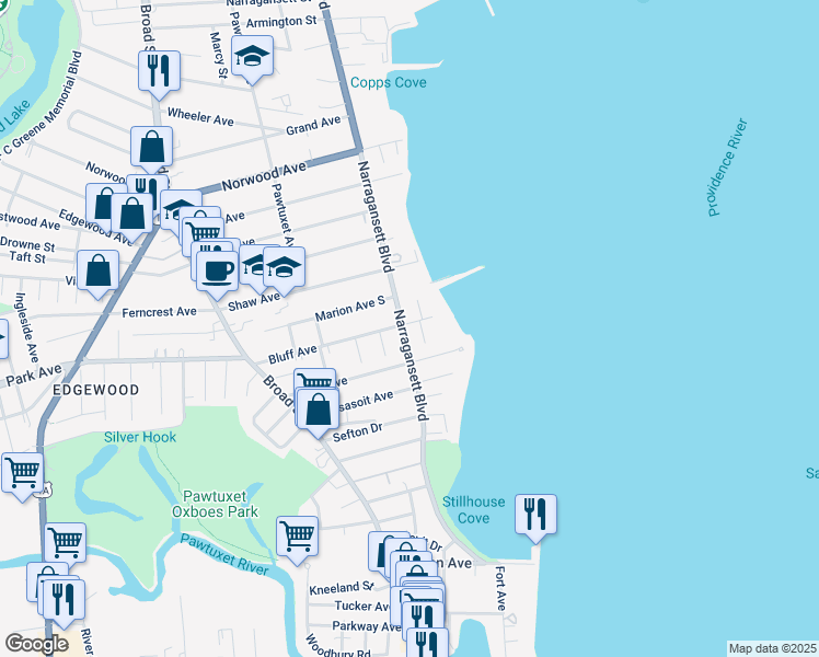 map of restaurants, bars, coffee shops, grocery stores, and more near 1350 Narragansett Boulevard in Cranston