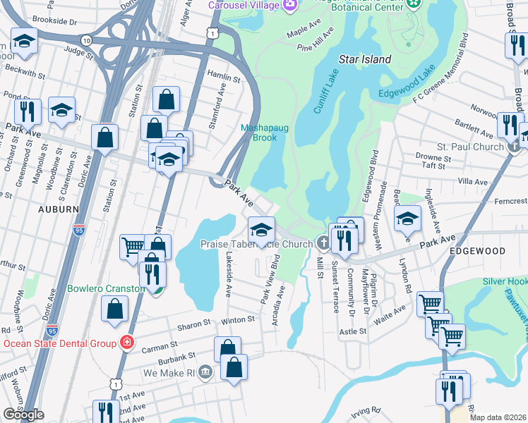 map of restaurants, bars, coffee shops, grocery stores, and more near 46 Parkside Drive in Providence