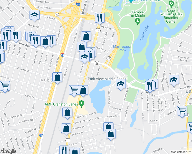 map of restaurants, bars, coffee shops, grocery stores, and more near 32 Prospect Street in Cranston