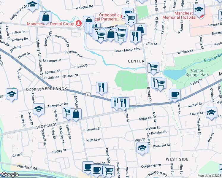 map of restaurants, bars, coffee shops, grocery stores, and more near 9 Ridgewood Street in Manchester