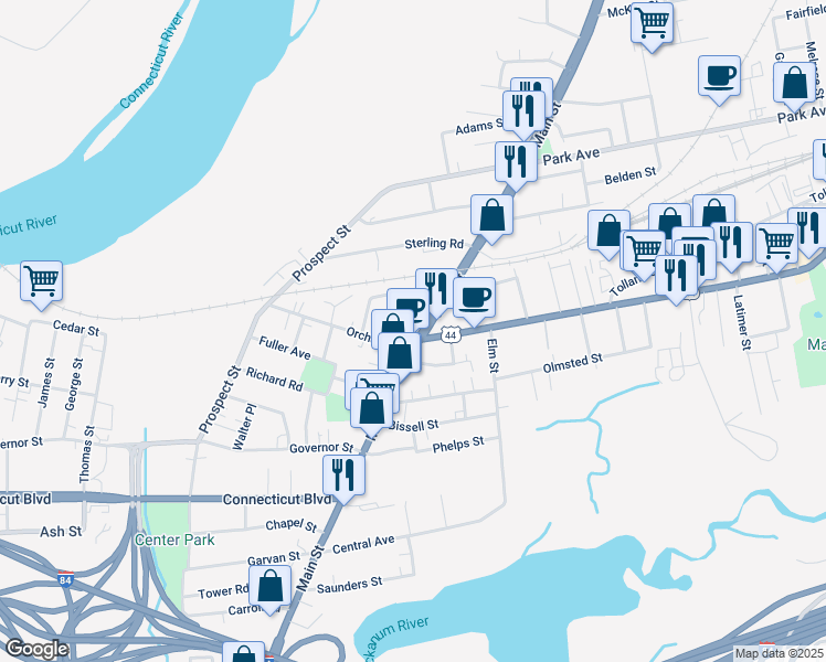 map of restaurants, bars, coffee shops, grocery stores, and more near 1231 Main Street in East Hartford