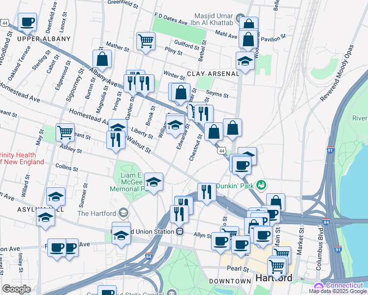 map of restaurants, bars, coffee shops, grocery stores, and more near 98 Edwards Street in Hartford
