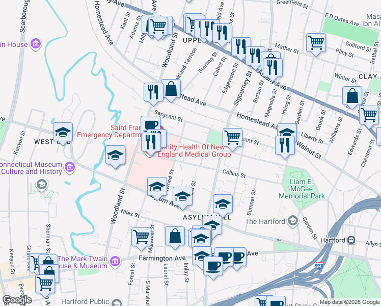 map of restaurants, bars, coffee shops, grocery stores, and more near 166 Ashley Street in Hartford
