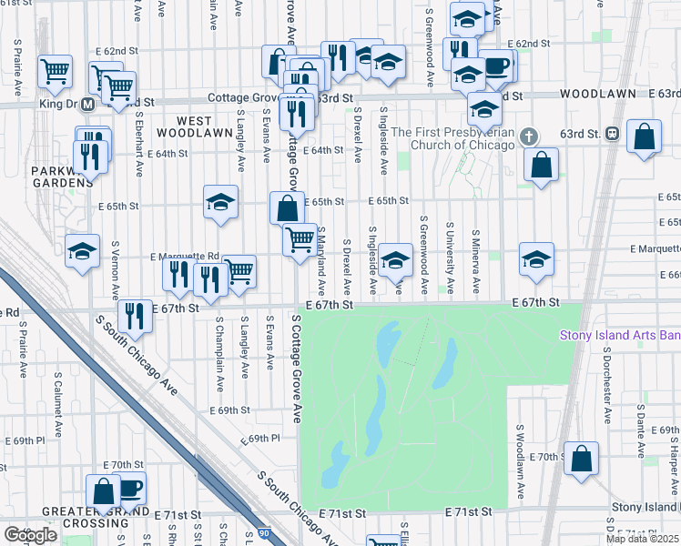 map of restaurants, bars, coffee shops, grocery stores, and more near 6555 South Drexel Avenue in Chicago