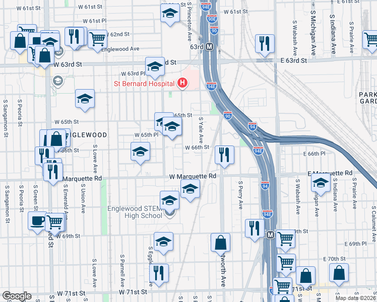 map of restaurants, bars, coffee shops, grocery stores, and more near 6561 South Harvard Avenue in Chicago