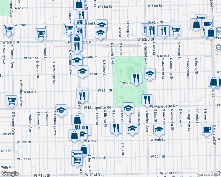 map of restaurants, bars, coffee shops, grocery stores, and more near 6531 South Bishop Street in Chicago