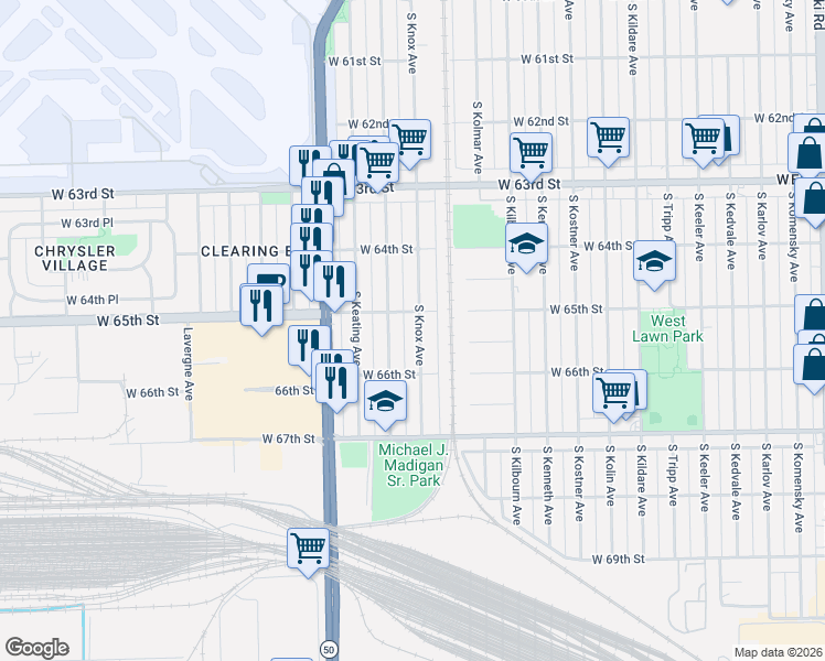 map of restaurants, bars, coffee shops, grocery stores, and more near 6459 South Kilpatrick Avenue in Chicago