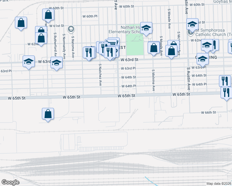 map of restaurants, bars, coffee shops, grocery stores, and more near 6424 South Narragansett Avenue in Chicago