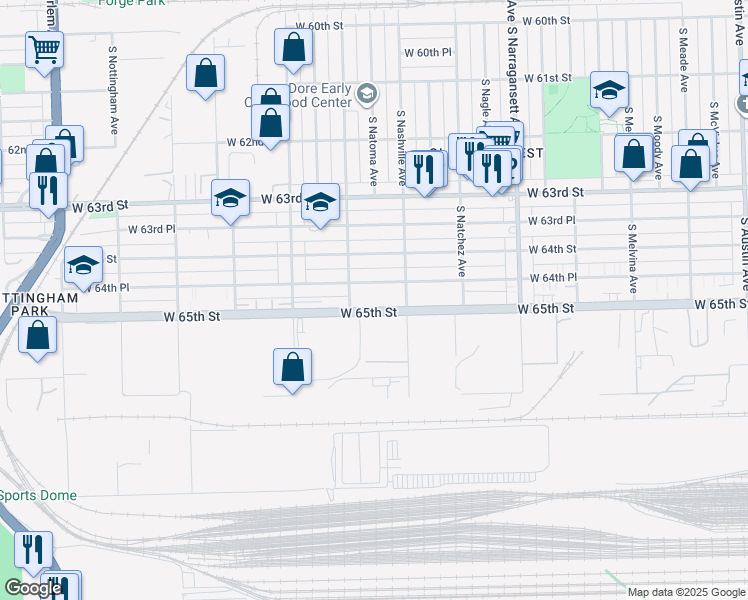 map of restaurants, bars, coffee shops, grocery stores, and more near 6634 West 64th Place in Chicago