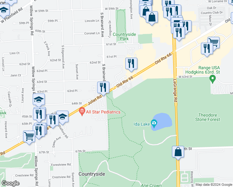 map of restaurants, bars, coffee shops, grocery stores, and more near in Countryside