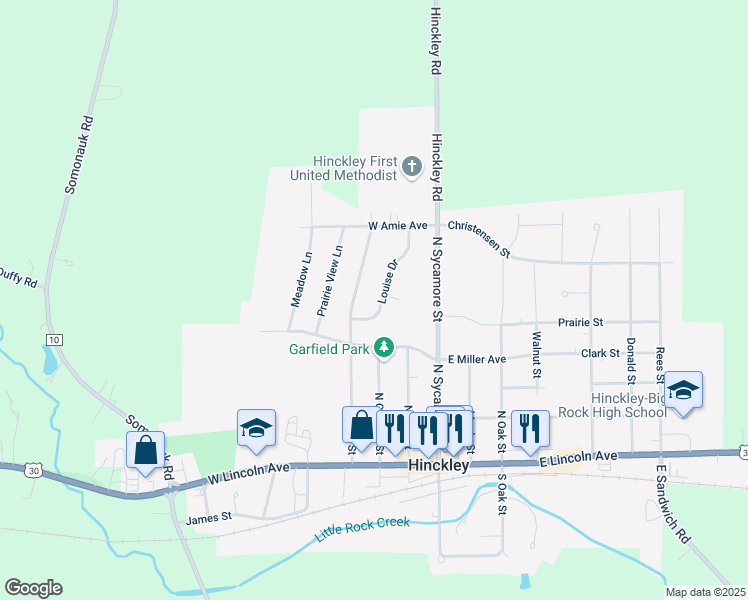map of restaurants, bars, coffee shops, grocery stores, and more near 600 North View Street in Hinckley