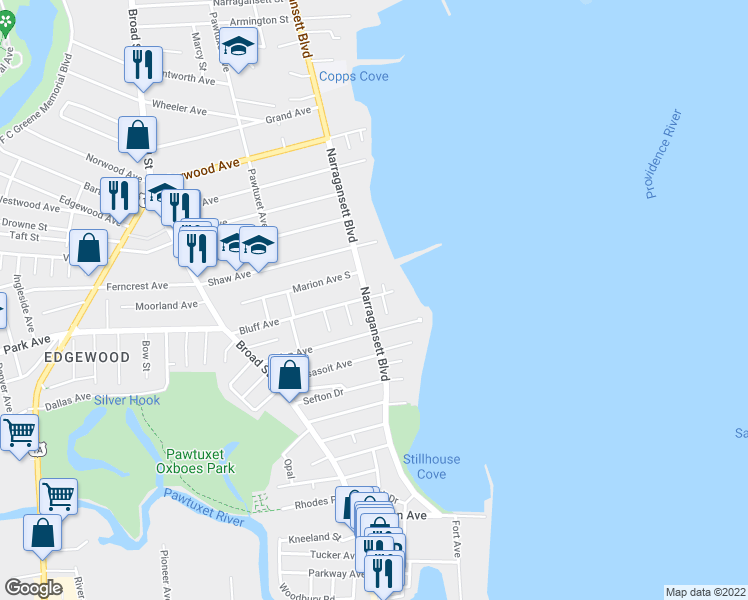 map of restaurants, bars, coffee shops, grocery stores, and more near 1350 Narragansett Boulevard in Cranston