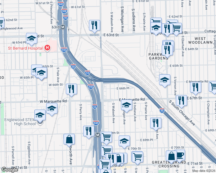 map of restaurants, bars, coffee shops, grocery stores, and more near 6535 South State Street in Chicago