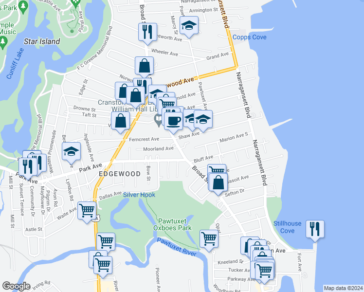 map of restaurants, bars, coffee shops, grocery stores, and more near 1880 Broad Street in Cranston