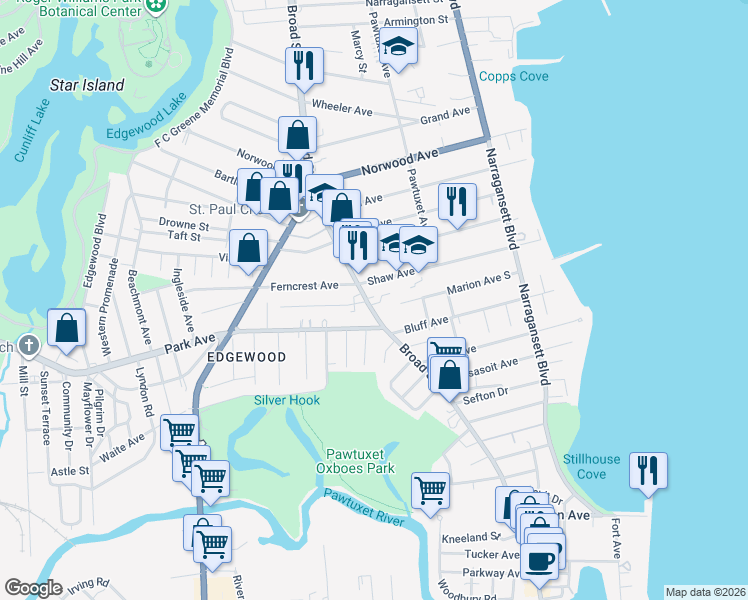 map of restaurants, bars, coffee shops, grocery stores, and more near 1880 Broad Street in Cranston