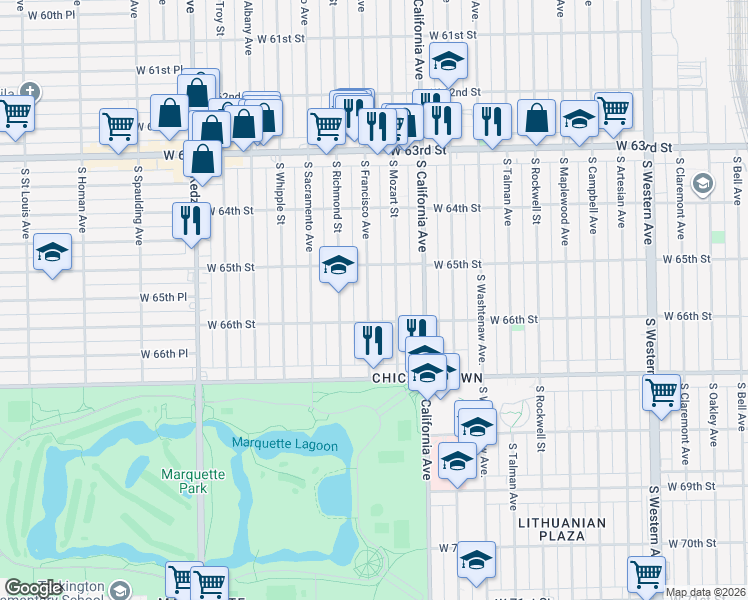 map of restaurants, bars, coffee shops, grocery stores, and more near 6537 South Francisco Avenue in Chicago