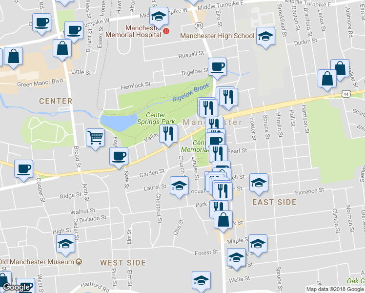 map of restaurants, bars, coffee shops, grocery stores, and more near 9 Church Street in Manchester