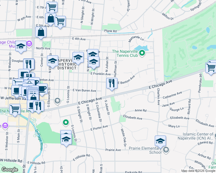 map of restaurants, bars, coffee shops, grocery stores, and more near 729 East Benton Avenue in Naperville
