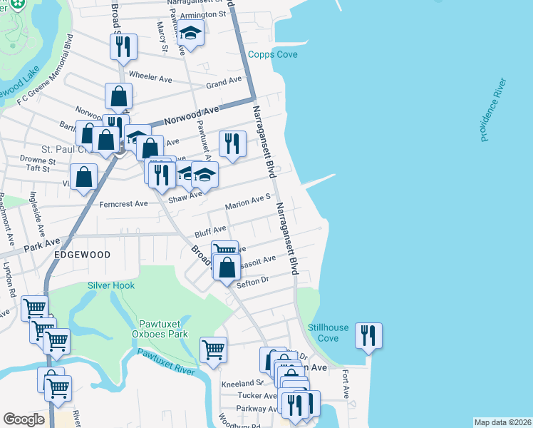 map of restaurants, bars, coffee shops, grocery stores, and more near 83 Bluff Avenue in Cranston