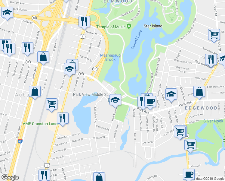 map of restaurants, bars, coffee shops, grocery stores, and more near 13 Parkside Drive in Cranston