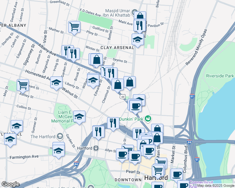 map of restaurants, bars, coffee shops, grocery stores, and more near 72 Albany Avenue in Hartford
