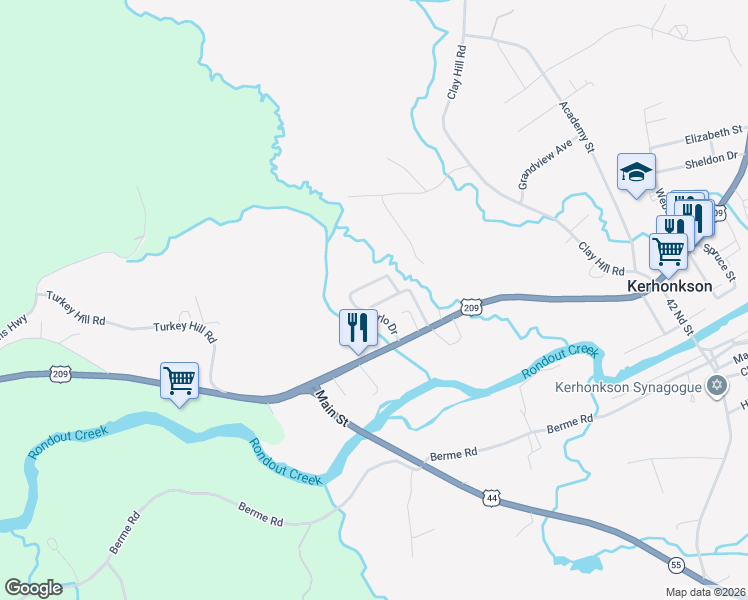 map of restaurants, bars, coffee shops, grocery stores, and more near 32 Carlo Drive in Kerhonkson