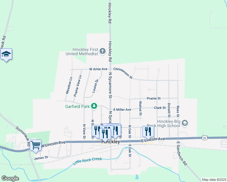 map of restaurants, bars, coffee shops, grocery stores, and more near 610 North Sycamore Street in Hinckley