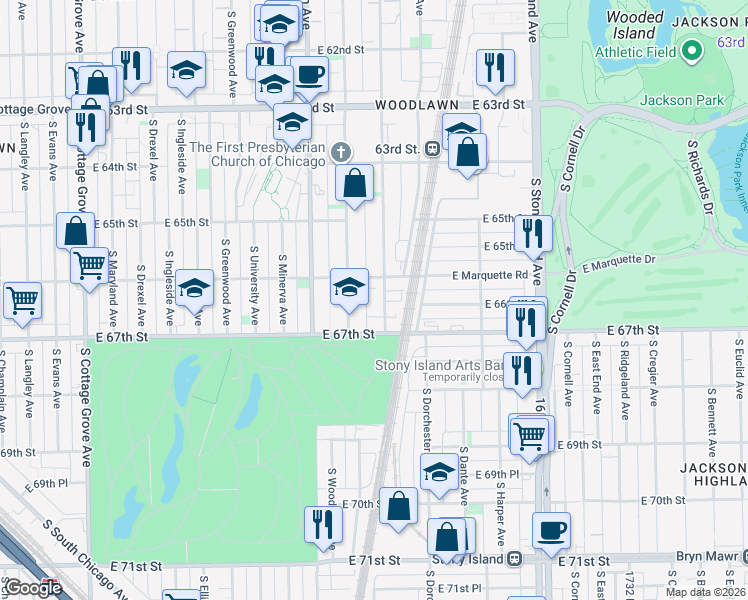 map of restaurants, bars, coffee shops, grocery stores, and more near 6620 South Kenwood Avenue in Chicago