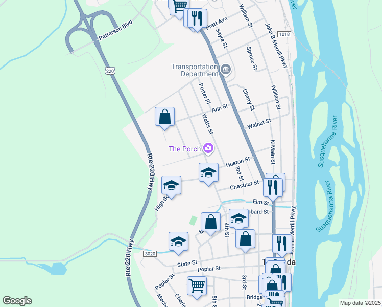map of restaurants, bars, coffee shops, grocery stores, and more near 104 Wilmot Drive in Towanda