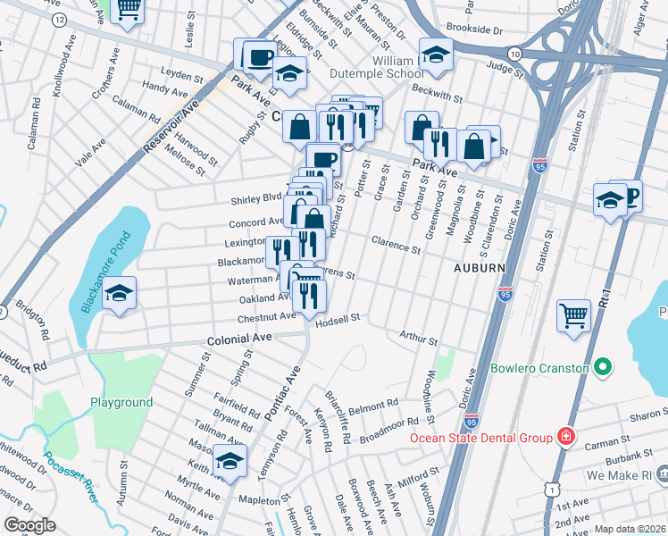 map of restaurants, bars, coffee shops, grocery stores, and more near 203 Laurens Street in Cranston