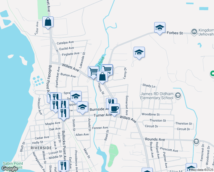 map of restaurants, bars, coffee shops, grocery stores, and more near 302 Willett Avenue in East Providence