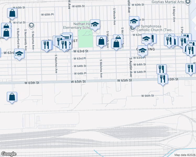 map of restaurants, bars, coffee shops, grocery stores, and more near 6216 West 65th Street in Chicago