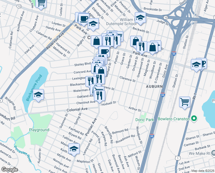 map of restaurants, bars, coffee shops, grocery stores, and more near 101 Richard Street in Cranston
