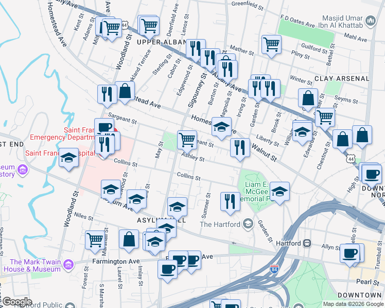 map of restaurants, bars, coffee shops, grocery stores, and more near 94 Ashley Street in Hartford