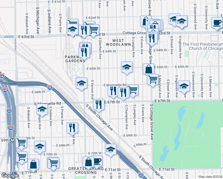 map of restaurants, bars, coffee shops, grocery stores, and more near 6556 South Rhodes Avenue in Chicago